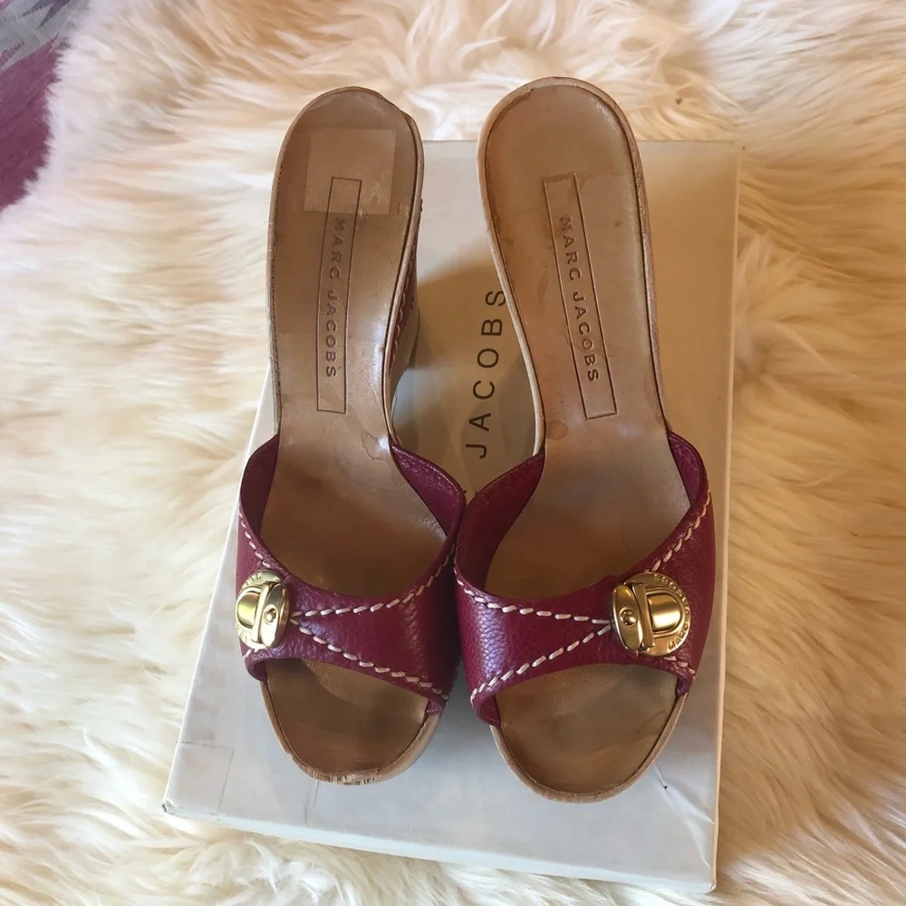 Marc Jacobs Red Leather Wood Platform Slides Sz 7.5/38